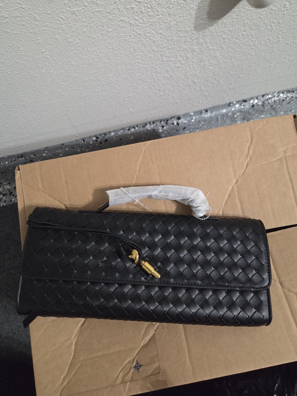 Woven Faux Leather Black Clutch with Gold Turn-Lock